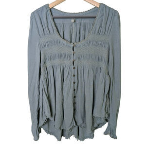 Free People Babydoll Blue Bird Smocked Lace Button Front Top Women S Boho Fairy